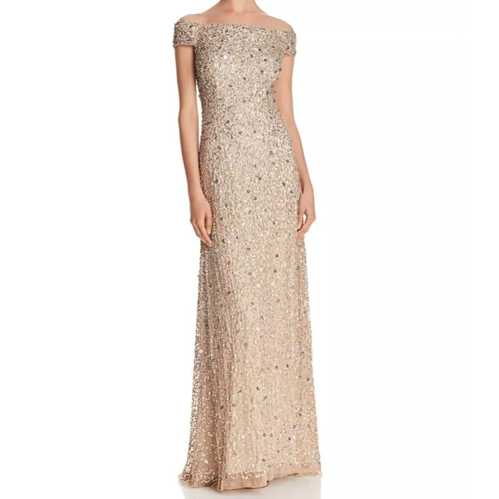 Adrianna Papell Off-the-Shoulder Sequined Gown
